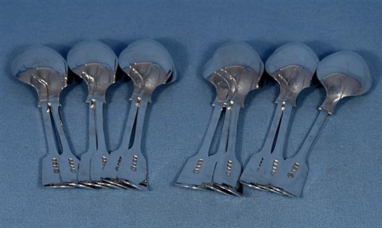 A set of twelve Victorian silver fiddle pattern dessert spoons, Length 7”/178mm Total weight 19.6oz/556grms